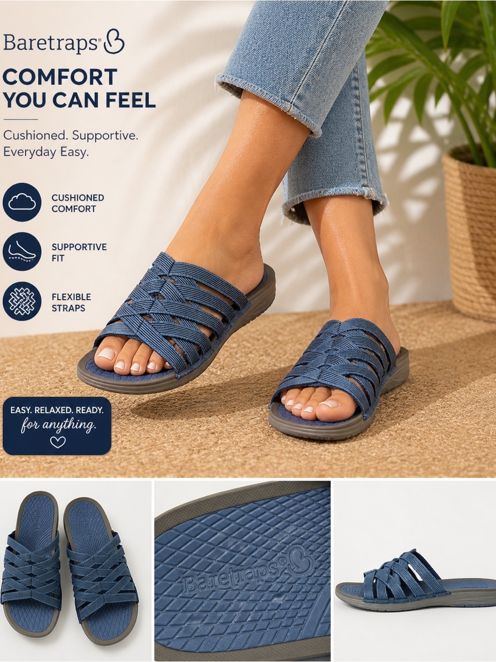 Baretraps Blue Strappy Sandals Women Comfortable Cushioned Slip On Casual Summer